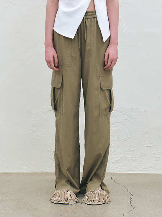 Rayon Banded Cargo Pants, Khaki