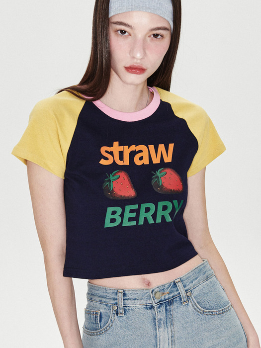 Strawberry Raglan Crop T-shirt [Navy]