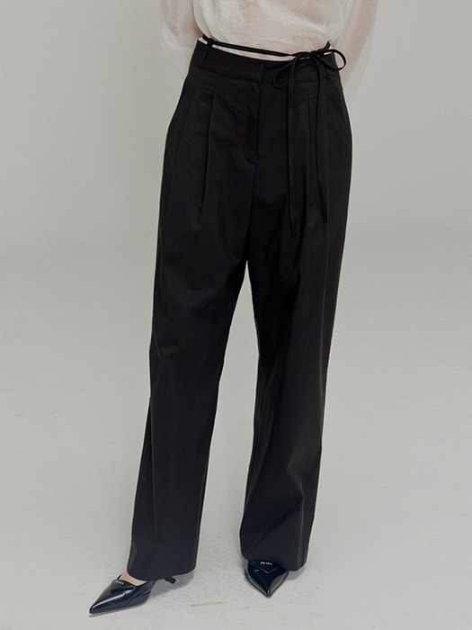 Ribbon cotton two-tuck wide pants_Black