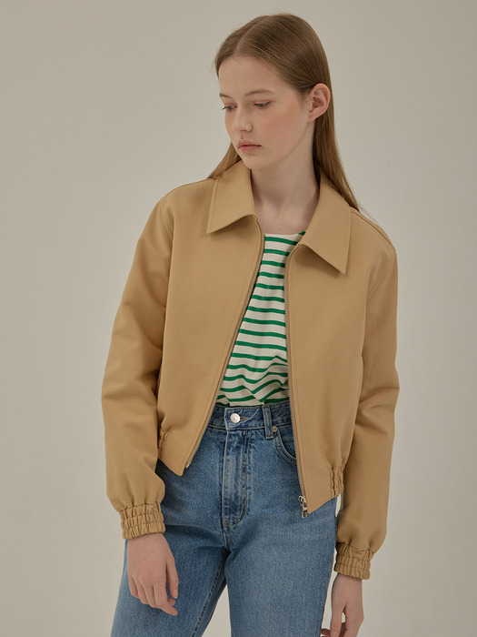 Leather patch crop zip-up blouson_Beige