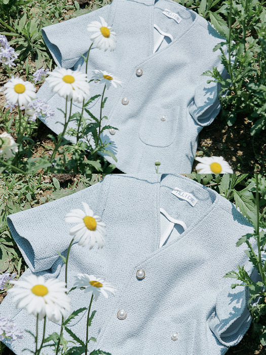 [단독] Collarless pearl button summer tweed jacket_Sky blue