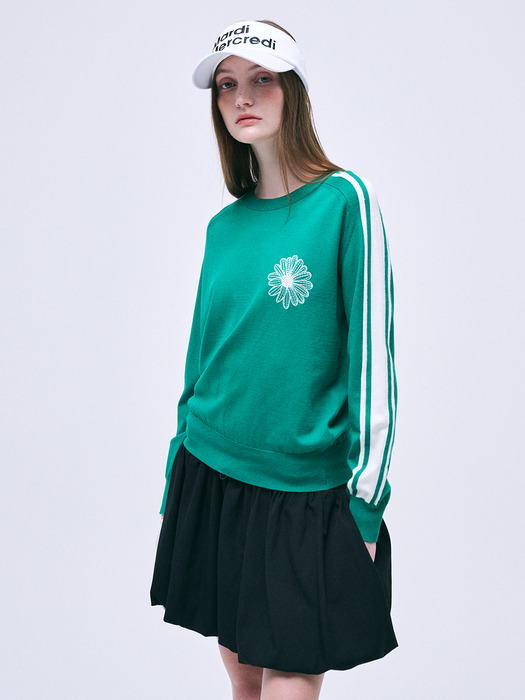 STRIPE SLEEVE KNIT PULLOVER FLOWER NEEDLEWORK_GREEN IVORY