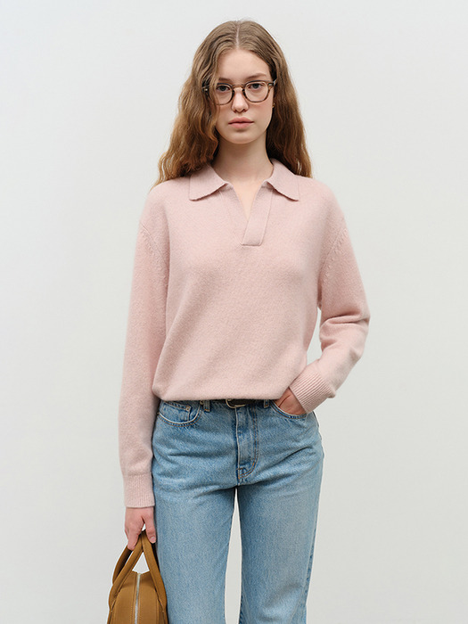 UNISEX OPEN COLLARED CASHMERE SWEATER SOFT PINK_UDSW4D137P1