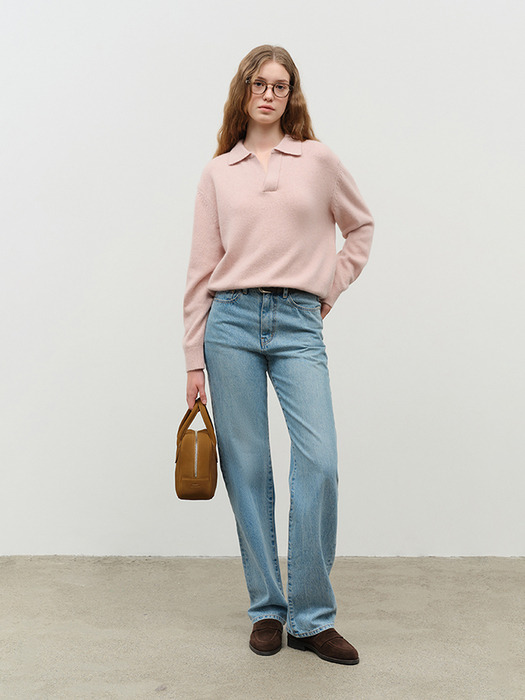 UNISEX OPEN COLLARED CASHMERE SWEATER SOFT PINK_UDSW4D137P1