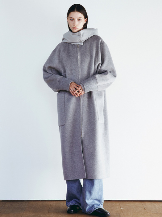 HANDMADE GOOSE DOWN HOODED COAT [MELANGE GREY][BLACK]