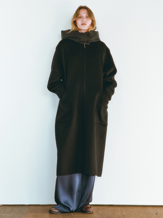 HANDMADE GOOSE DOWN HOODED COAT [MELANGE GREY][BLACK]