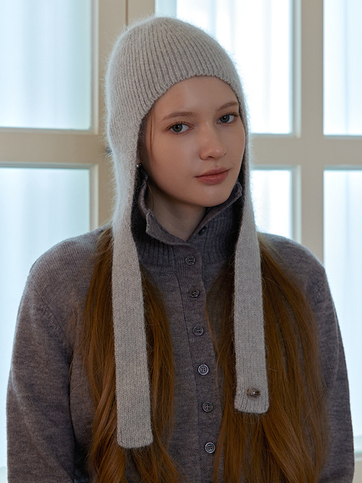 [6mm+10mm 진주귀걸이 증정] Angora earflap beanie - Light grey