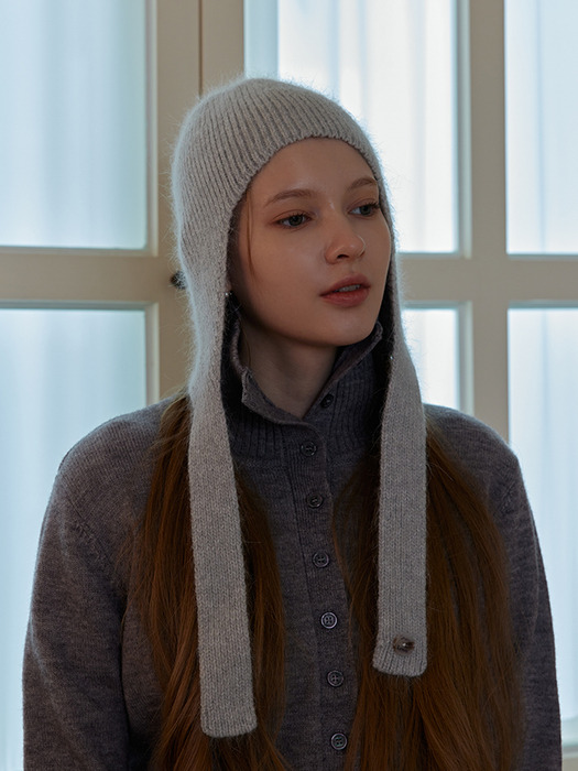 [6mm+10mm 진주귀걸이 증정] Angora earflap beanie - Light grey