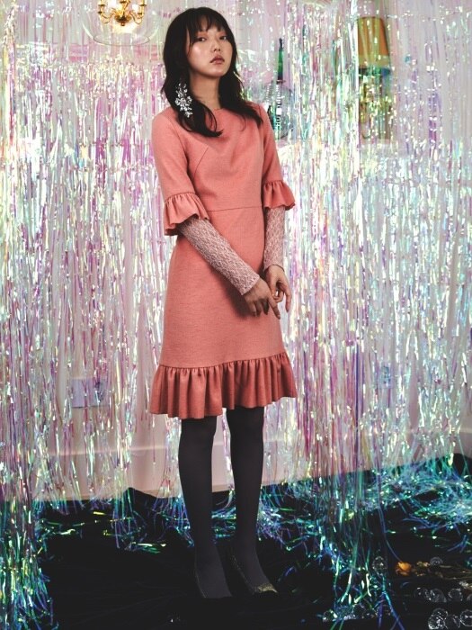 Lace Shrring Wool Dress_Pink