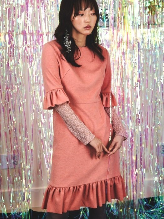 Lace Shrring Wool Dress_Pink