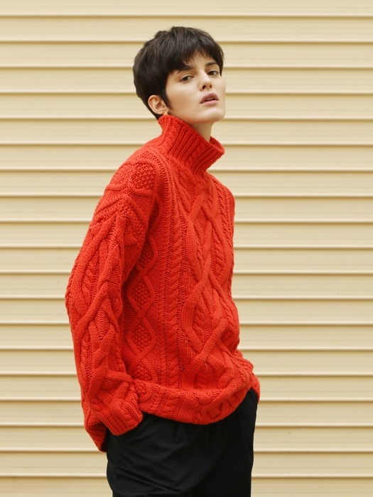 Cable knitted wool sweater_Orange