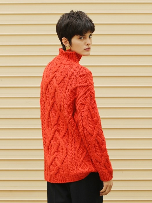 Cable knitted wool sweater_Orange