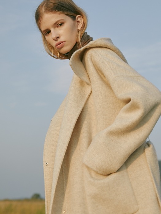 Premium handmade alpaca blend wool herringbone hoodie coat in otmeal