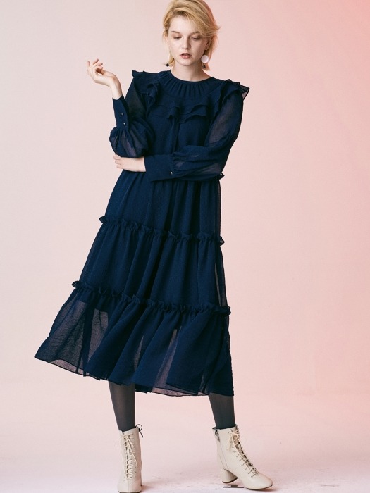 COLOR POINT ALL SHIRRING DRESS_NAVY
