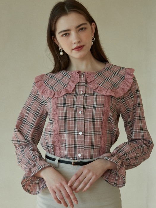 iuw554 check laced sailor blouse (pink)