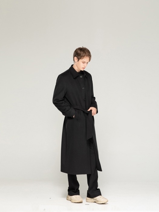 Belted Wool maxi coat [ Jet Black ]