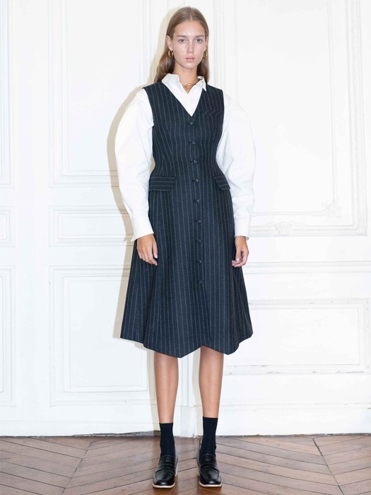 [N]VENDOME v- neck sleeveless vest dress_Navy pinstripe