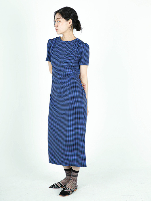 Check with ribbon dress (blue)