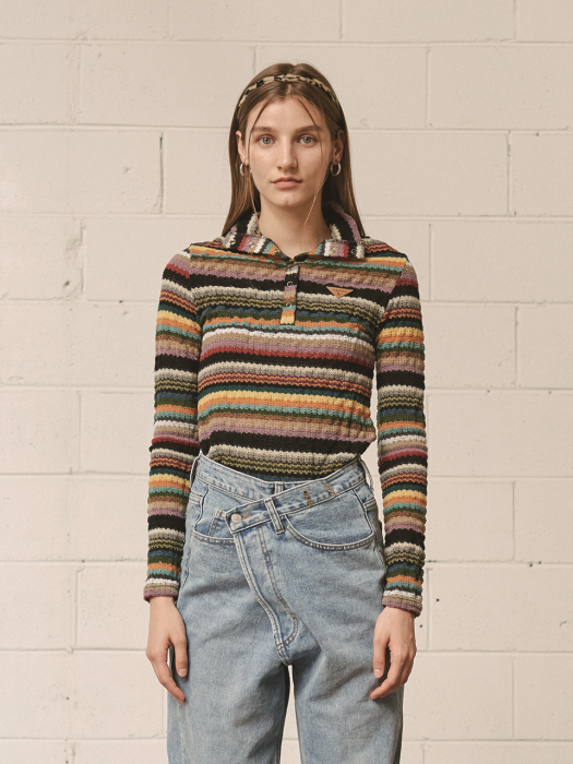 STRIPE TURTLE NECK KNIT TOP (BROWN)