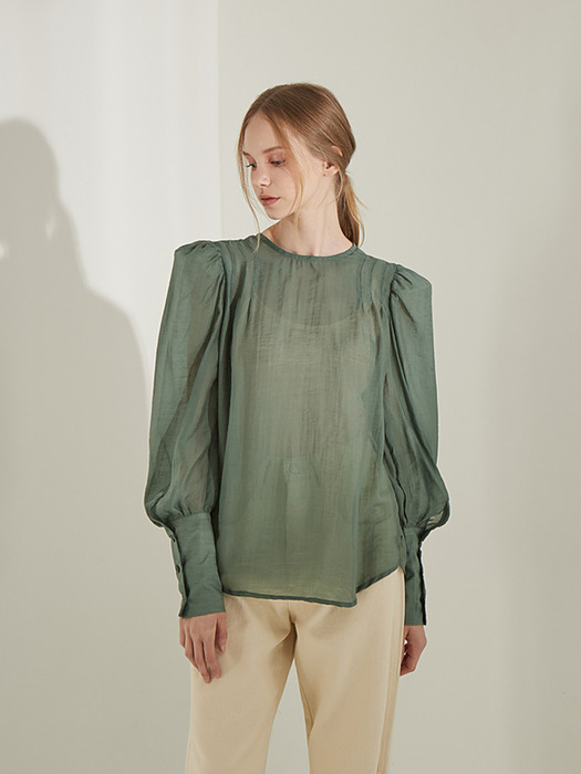 planet-16 pin tuck puff sleeve blouse_Green         