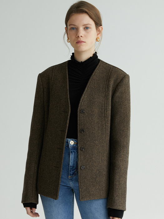 No Collar Half Jacket_Herringbone Brown