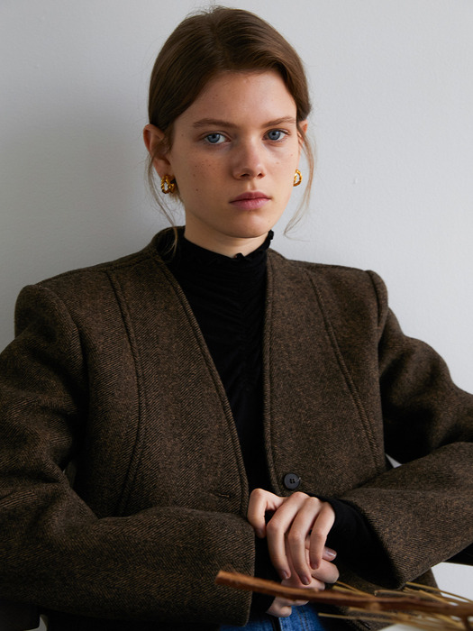 No Collar Half Jacket_Herringbone Brown
