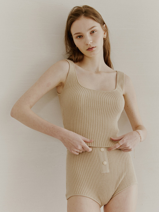 RIBBED SQUARE NECK TOP BEIGE