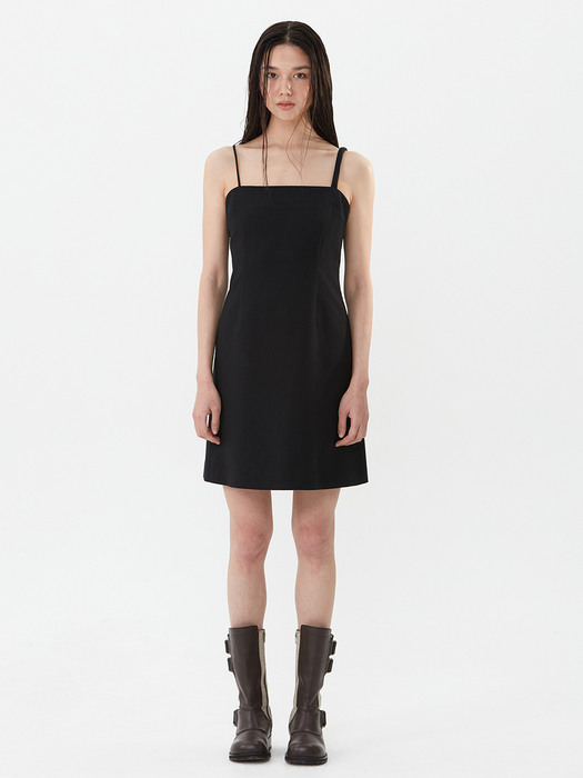 UNBALANCED STRAP SLIP DRESS, BLACK