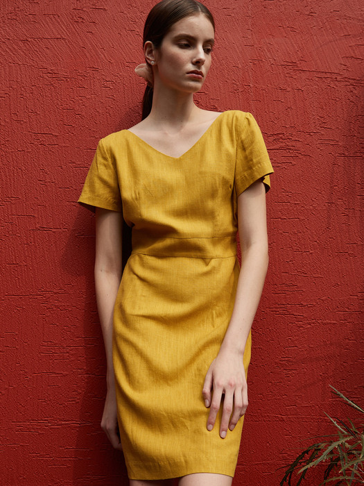 amr1275 v-neck linen dress (mustard)