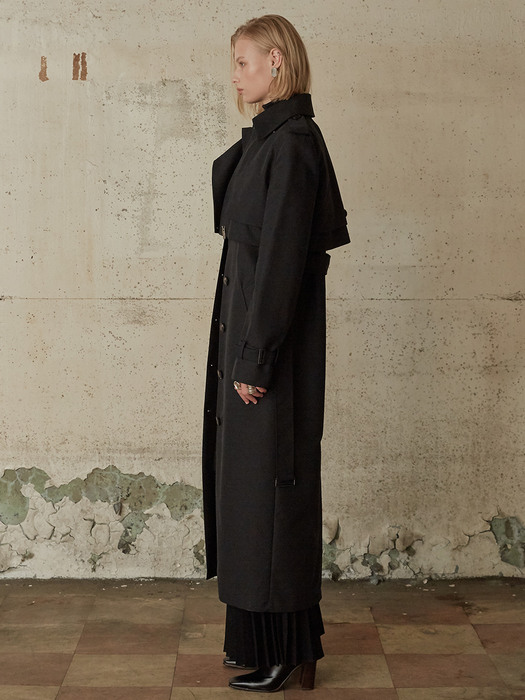 VERSO Double Layered Two Way Trench Coat_Deep Black
