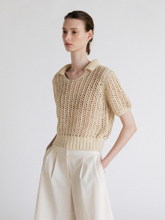collar neck v crocheti knit (cream yellow)