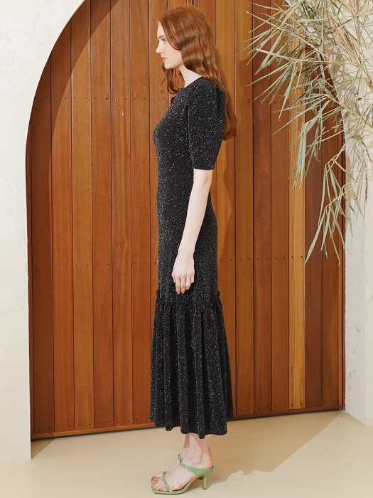 Glitter shirring maxi dress(black)