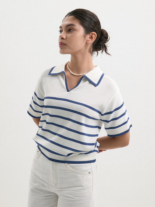 Cotton knit tennis shirt - Blue stripe