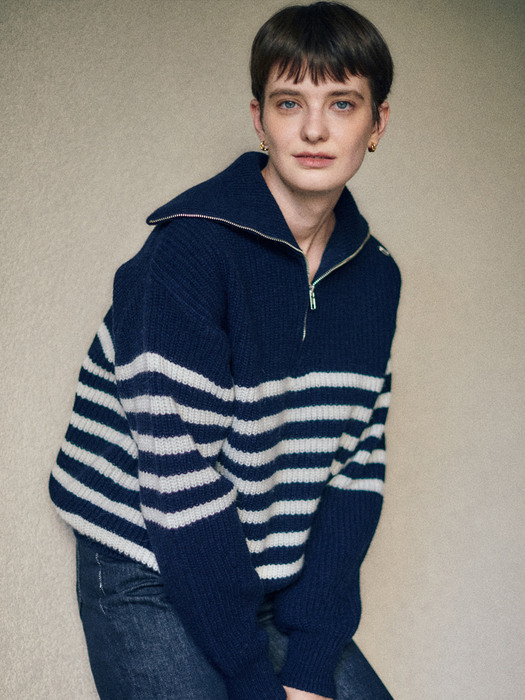 Sailor Zip-Up Stripe Knit_Navy