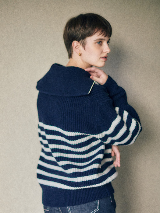 Sailor Zip-Up Stripe Knit_Navy