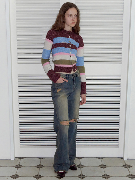 Stripe cropped knit cardigan. Wine