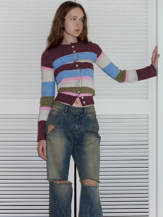 Stripe cropped knit cardigan. Wine