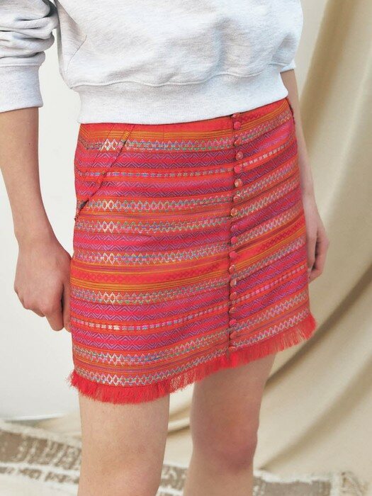 Ethnic Jacquard Button Mini Skirt, Magenta