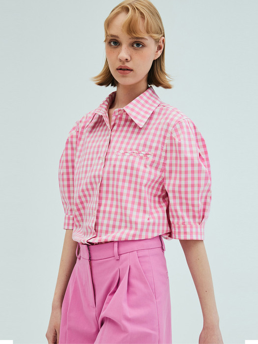 Puff Short Sleeve Check Blouse_Pink