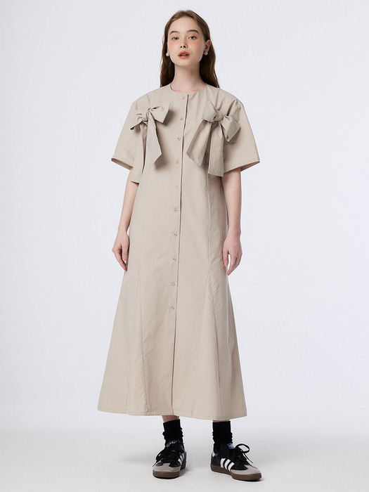 RIBBON POINT GORED FLARE SHIRT DRESS (BEIGE)