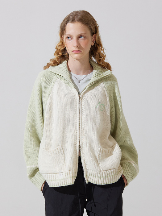 AD embroidery coloring knit zip up cardigan - mint