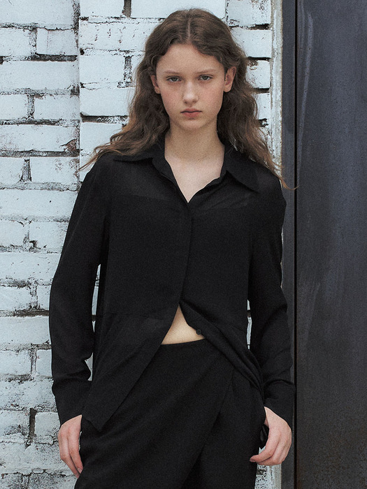 [Fabric from JAPAN] See-through blouse layer shirt - Black