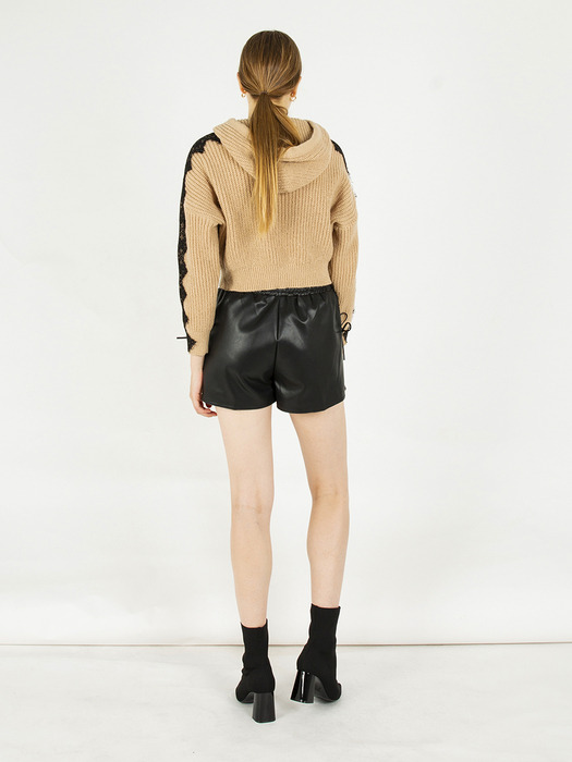 Hooded knit cropped sweater [Camel]
