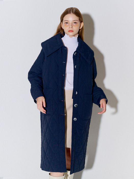 Big Collar Quilted Long Coat Navy
