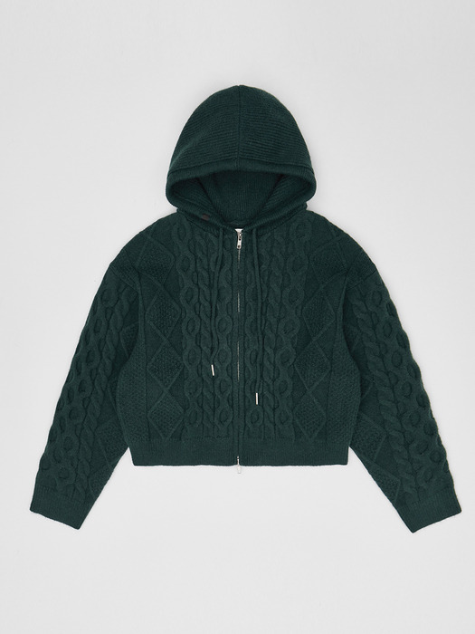Daily Cable Knit Hoodie Zip-up Green