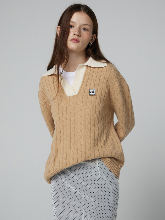 Cable collar knit_beige