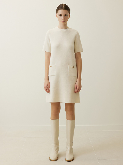 Pocket Half Sleeve Mini Dress  Ivory