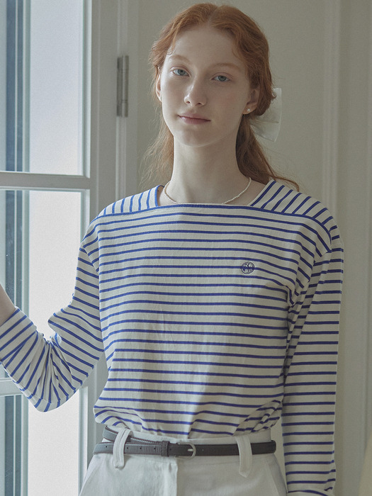 Boat Neck Stripe T-Shirt - Blue