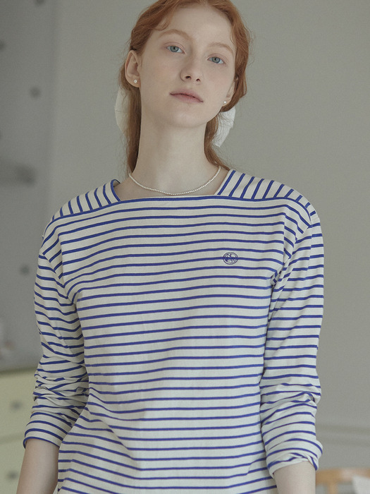 Boat Neck Stripe T-Shirt - Blue
