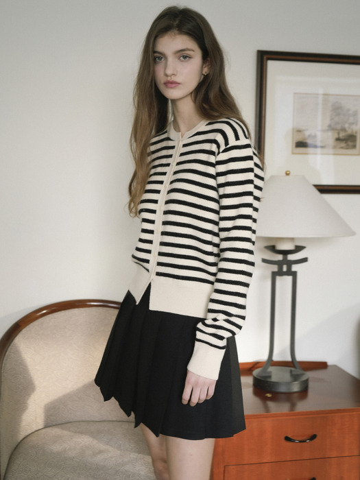 Cashmere Round Stripe Knit Cardigan (Black)